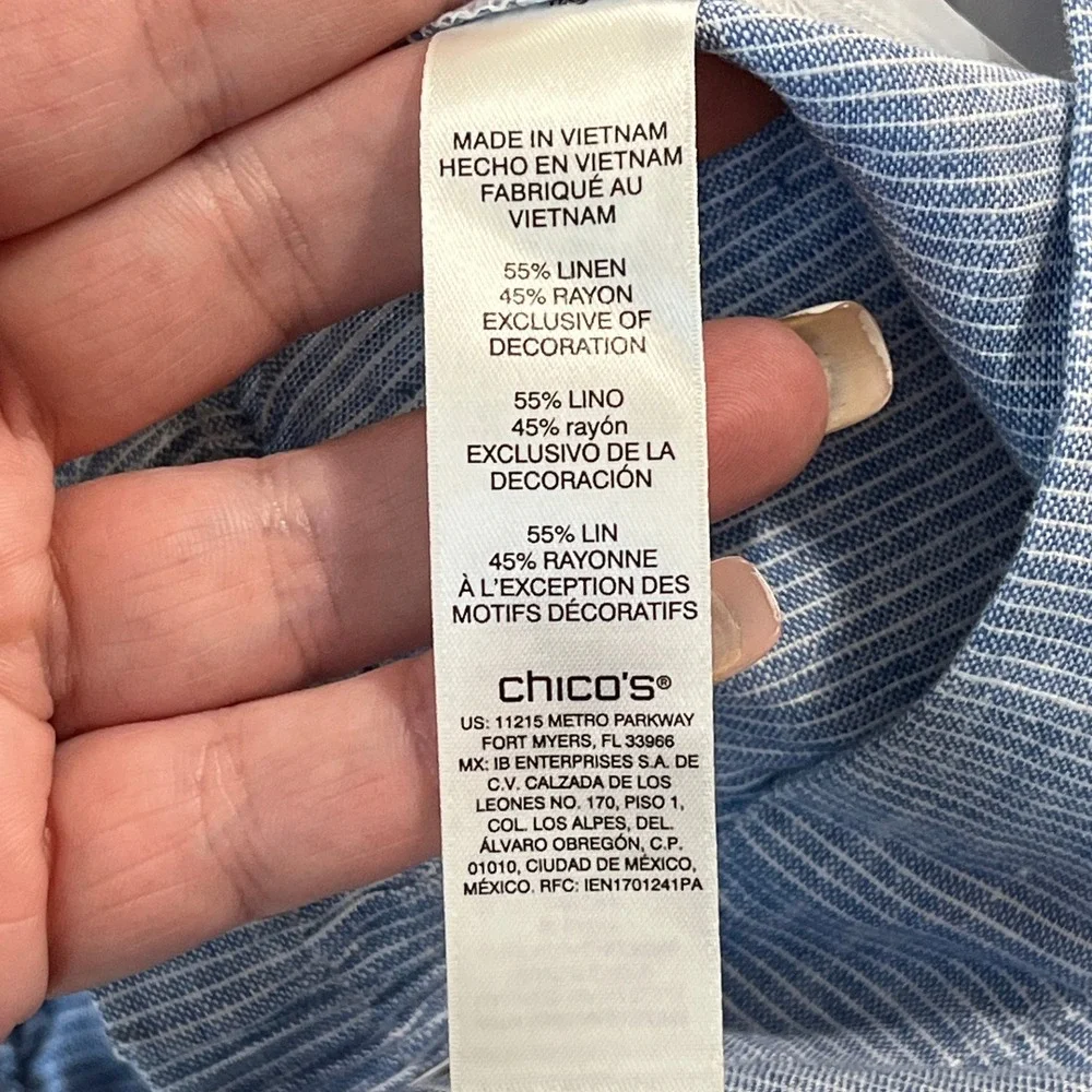 Chicos Pull On Straight Ankle Pant Women 16 Linen Blend Blue Stripe Eyelet Hem